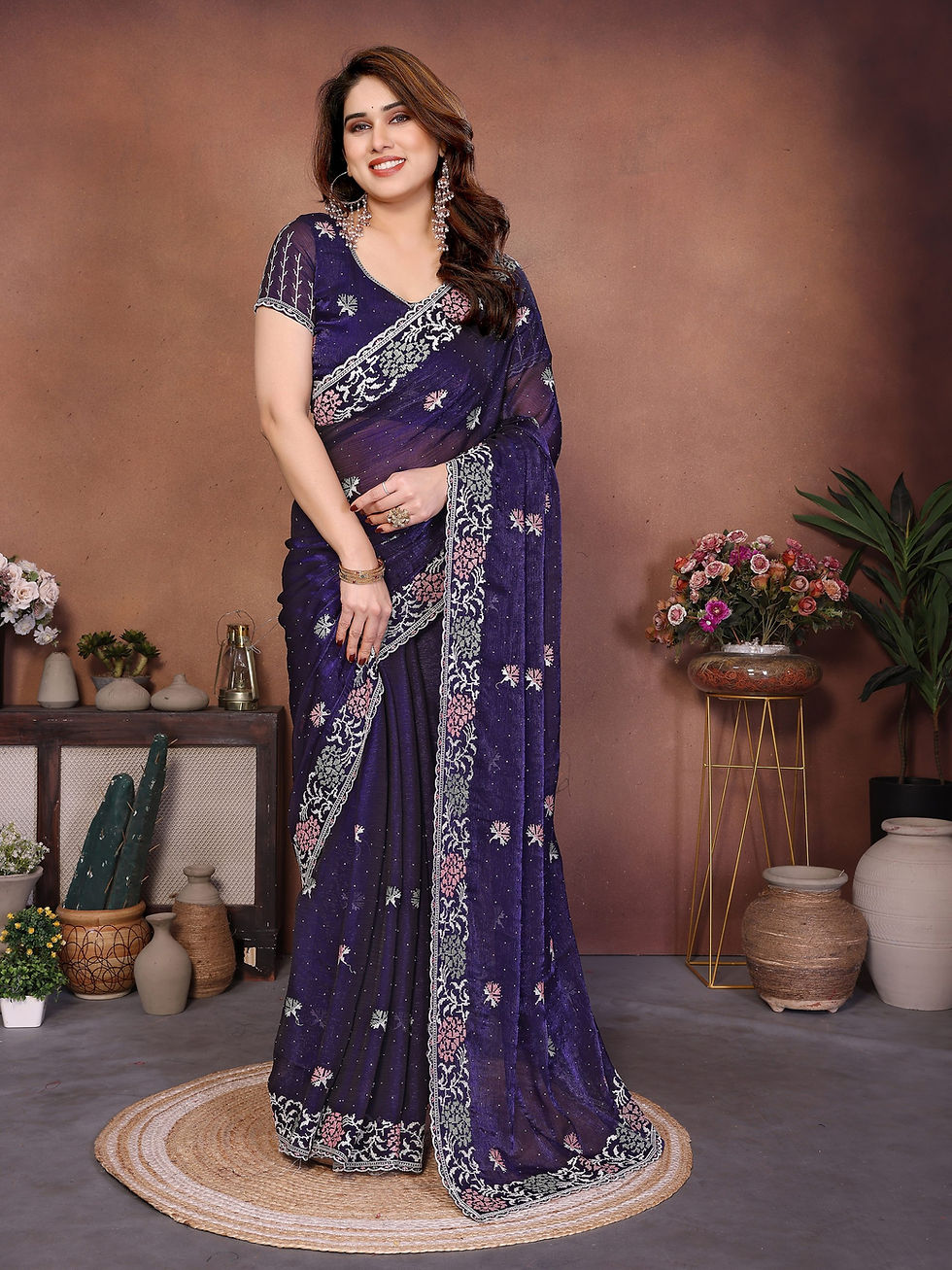 Thumbnail: Fendy Chiffon Silk Saree Swarovski Embroidery Cutwork Designer Blouse Party Wear