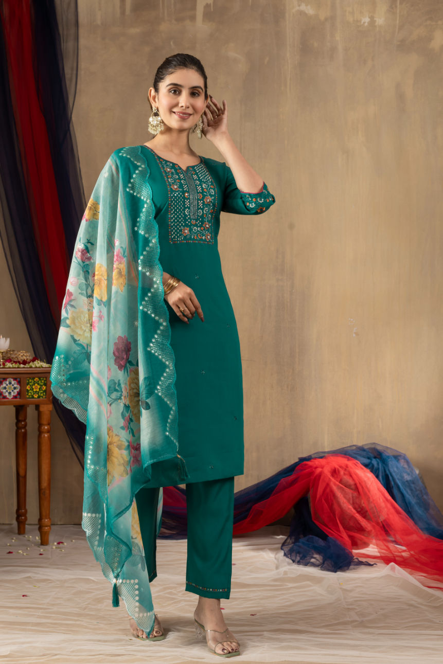 Thumbnail: Viscose Kurti Set with Dupatta – Hand Embroidered Indian 3PC Suit for Women