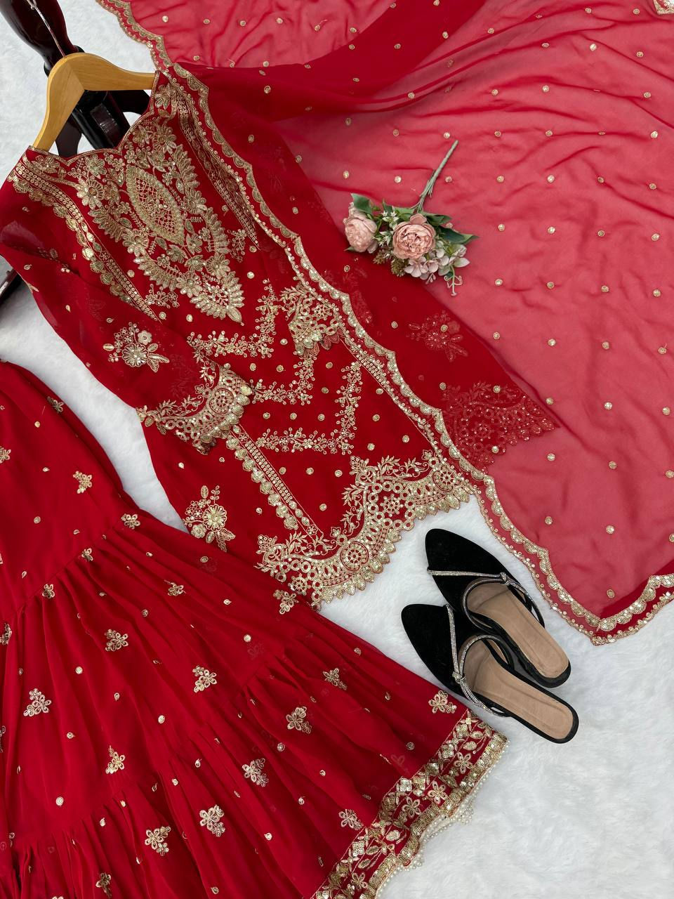 Thumbnail: Faux Georgette Sharara Suit Set for Women with Thread Sequins Work Party Festive