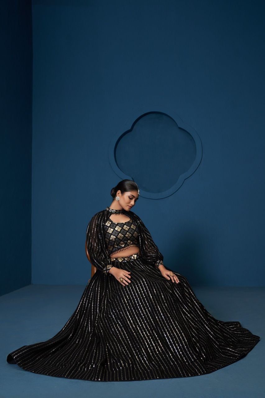 Thumbnail: Black Georgette Lehenga Zari Sequins Embroidery Festive Ethnic Outfit for Women