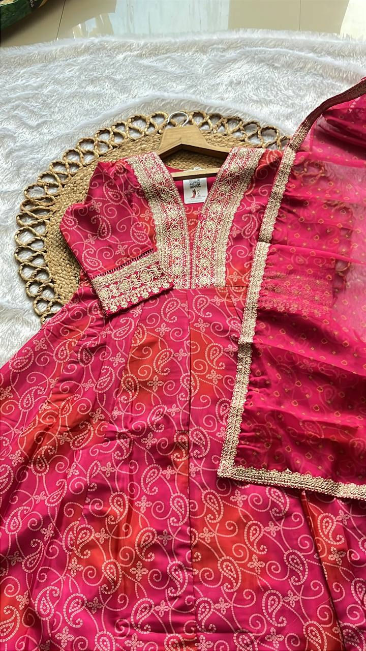 Thumbnail: Women's Rani Pink Printed Kurti Pant Set with Embroidered Organza Dupatta | Prem