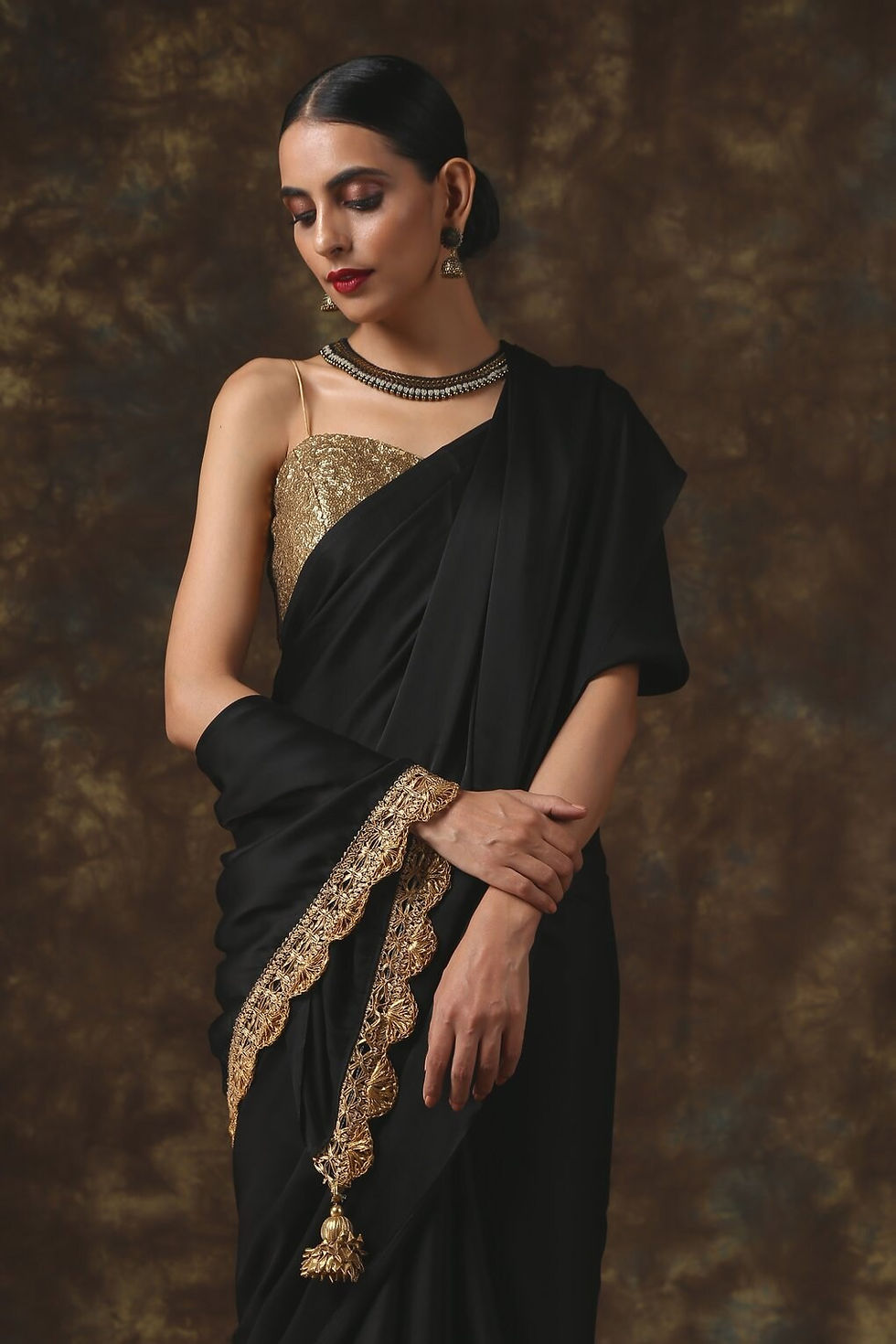Thumbnail: Black Color Satin Silk Plain Saree With gold Sequence embroidery unstitched Blou