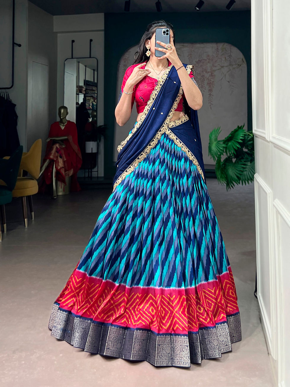 Thumbnail: Tasar Silk Leheriya Lehenga Choli Set with Chinon Dupatta Festive Wear for Women