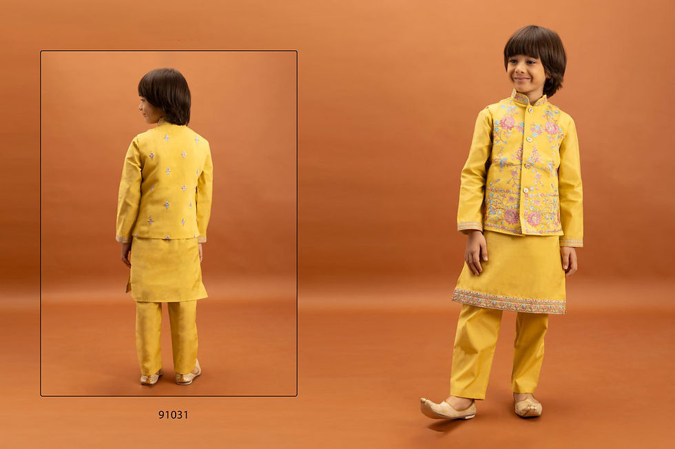 Thumbnail: Kids Wedding Special Koti Kurta Pant Set  Sequence Embroidered Silk Ethnic Wear