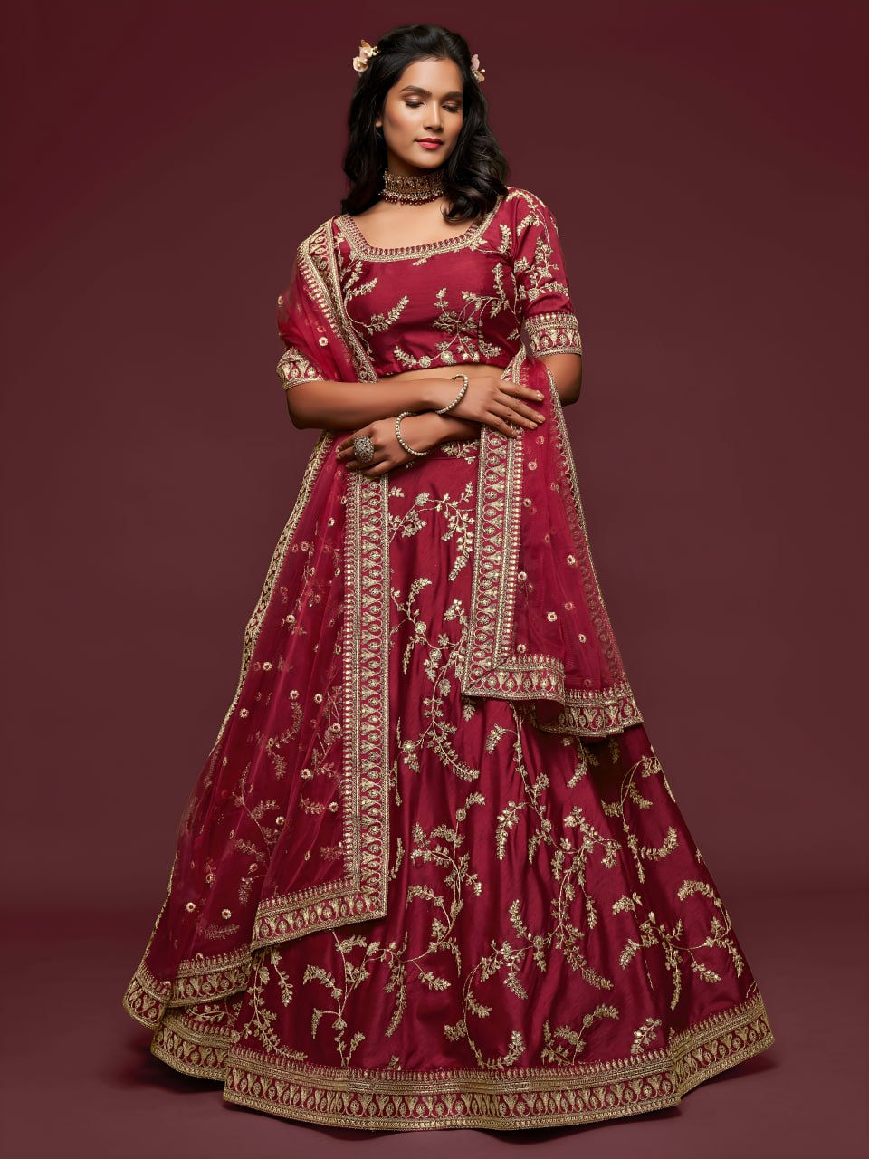 Thumbnail: Art Silk Embroidered Lehenga Choli Set with Net Dupatta Festive Wedding Wear for