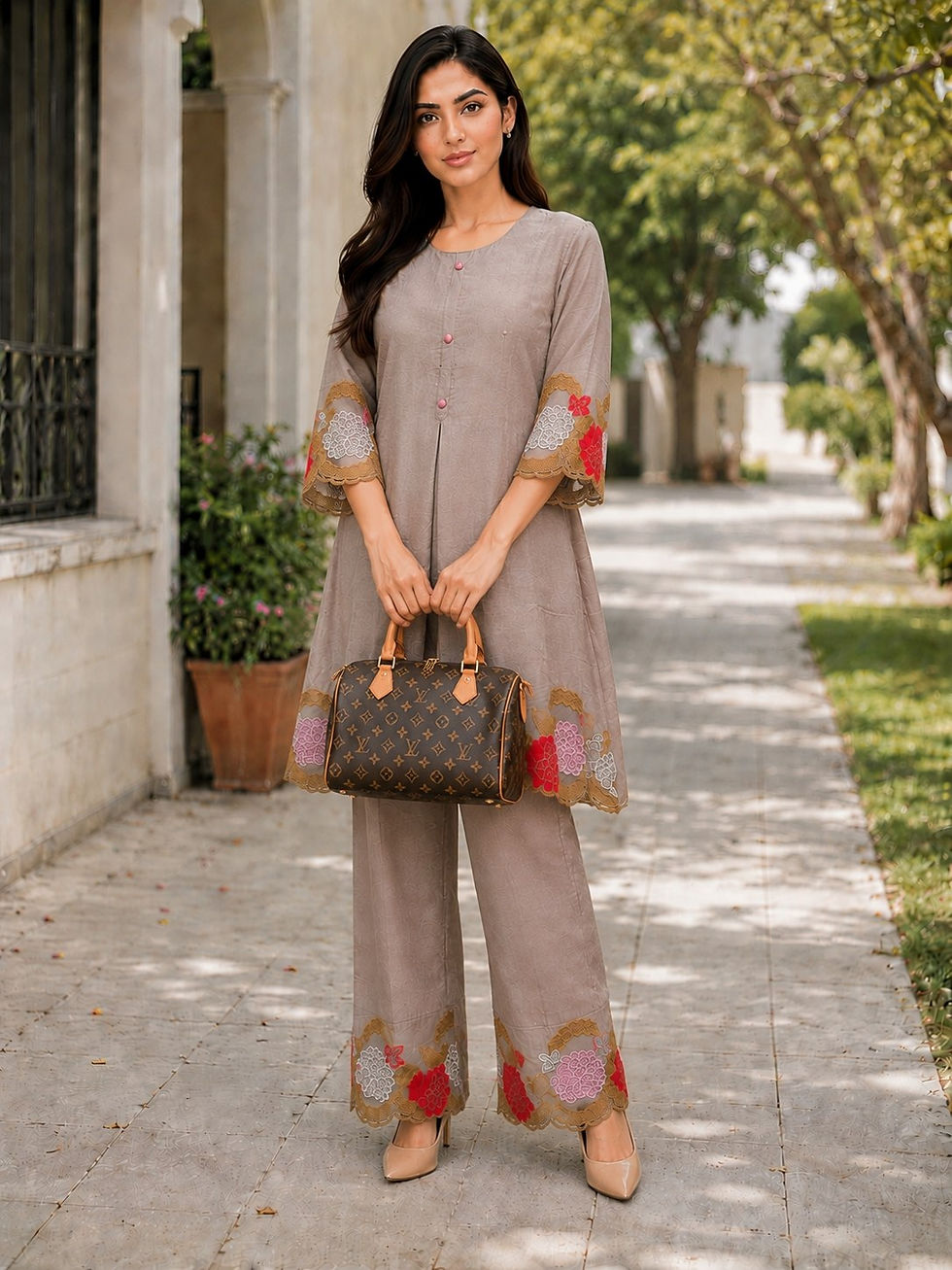 Thumbnail: Premium Mul Chanderi Cord Set Embroidery Cutwork Women Ethnic Wear Stylish Outfi