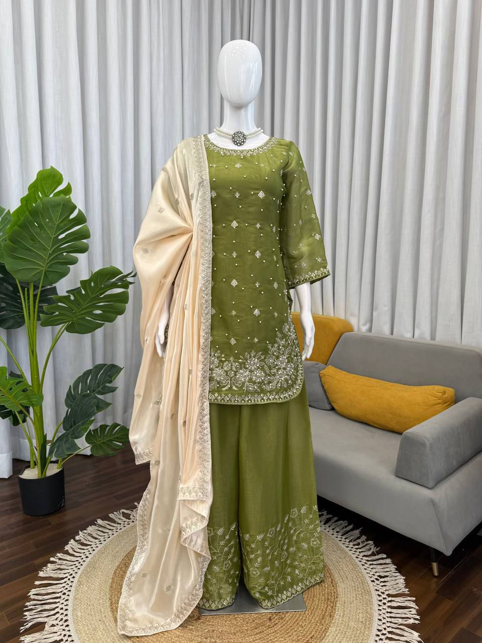 Thumbnail: Designer GMY Silk Palazzo Suit Set with Dupatta Thread Sequins Pearl Work Ethnic