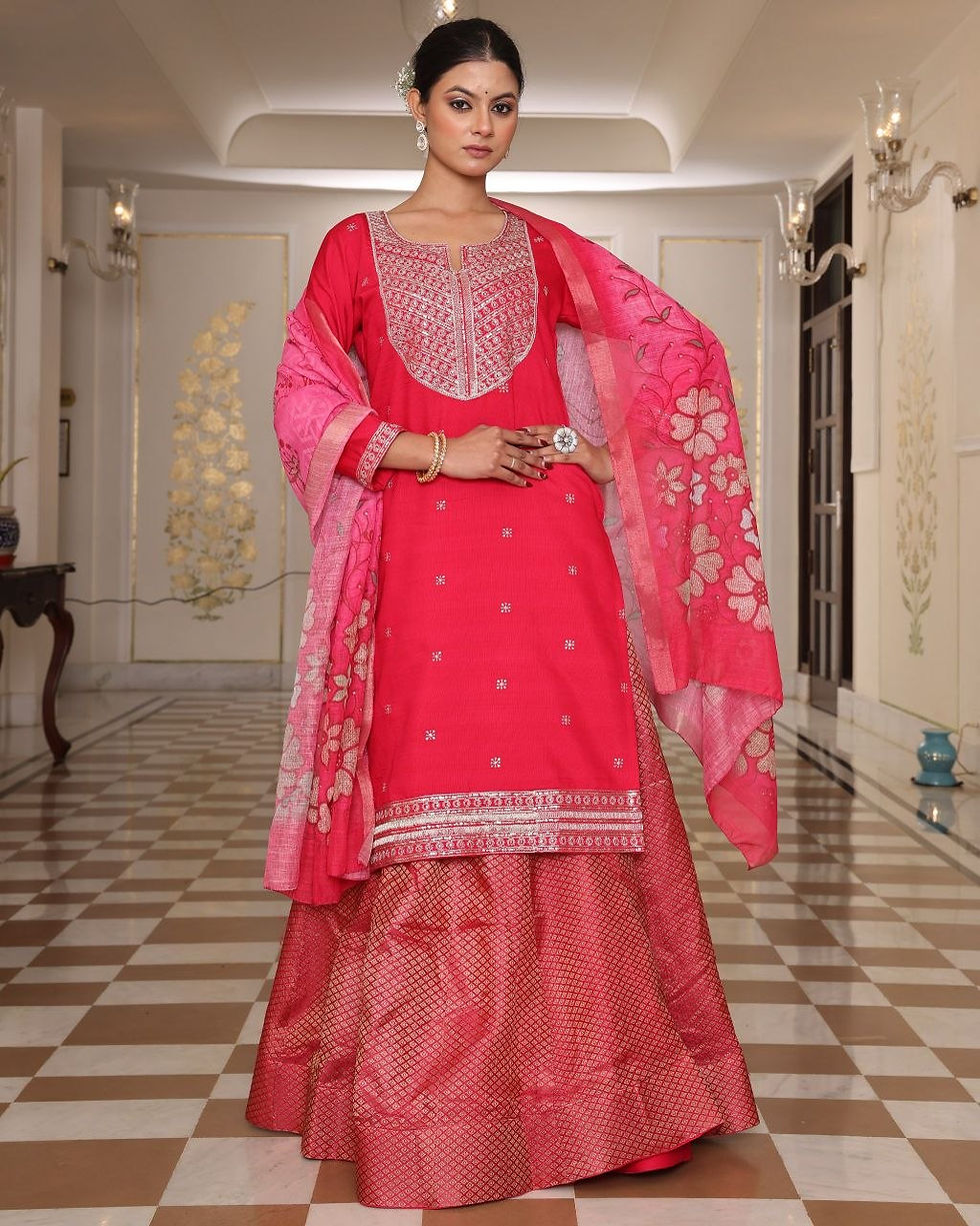 Thumbnail: Red Cotton Silk Kurti Skirt Set with Embroidered Dupatta Festive Ethnic Wear for