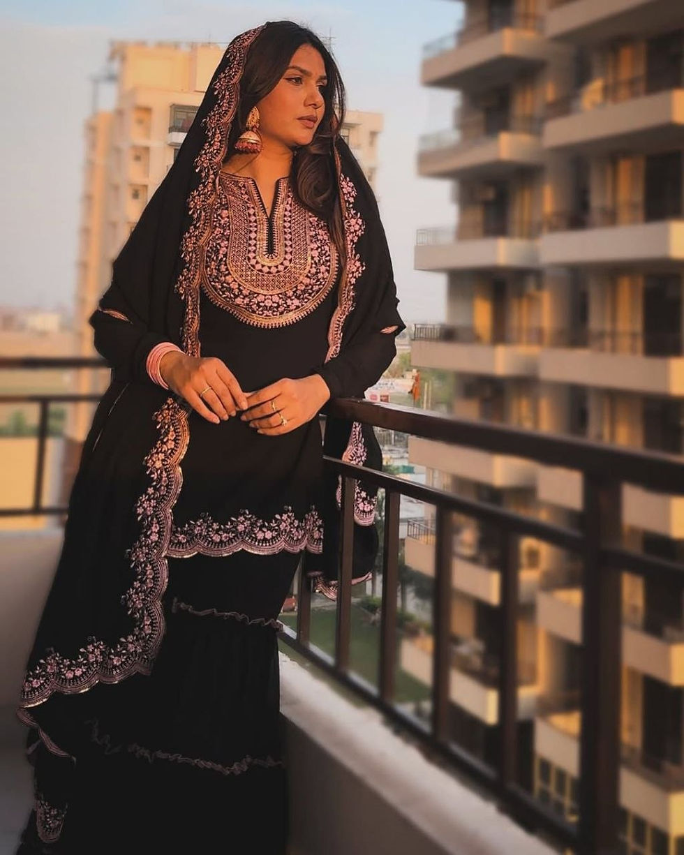 Thumbnail: Faux Georgette Sharara Set Ruffle Flair Sequins Embroidery Kurti Dupatta Party