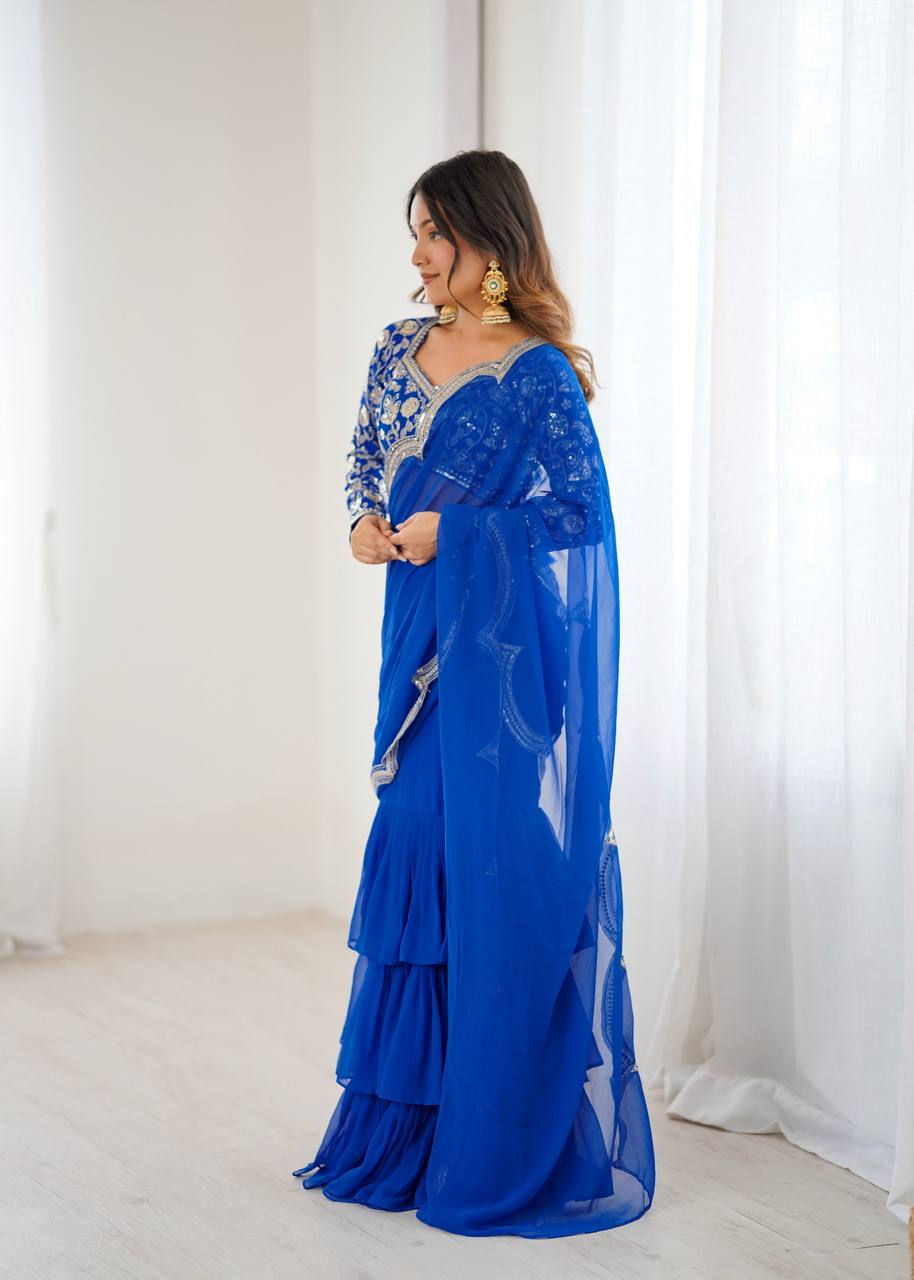 Thumbnail: Women's Faux Georgette Ruffle Saree with Embroidered Blouse