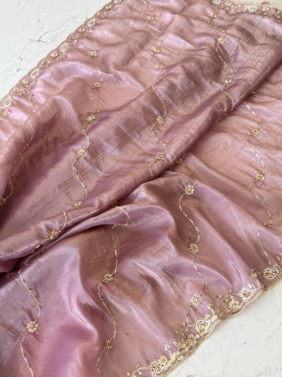 Thumbnail: Women Gold Crush Silk Saree with Handwork Bits and Sequins Work