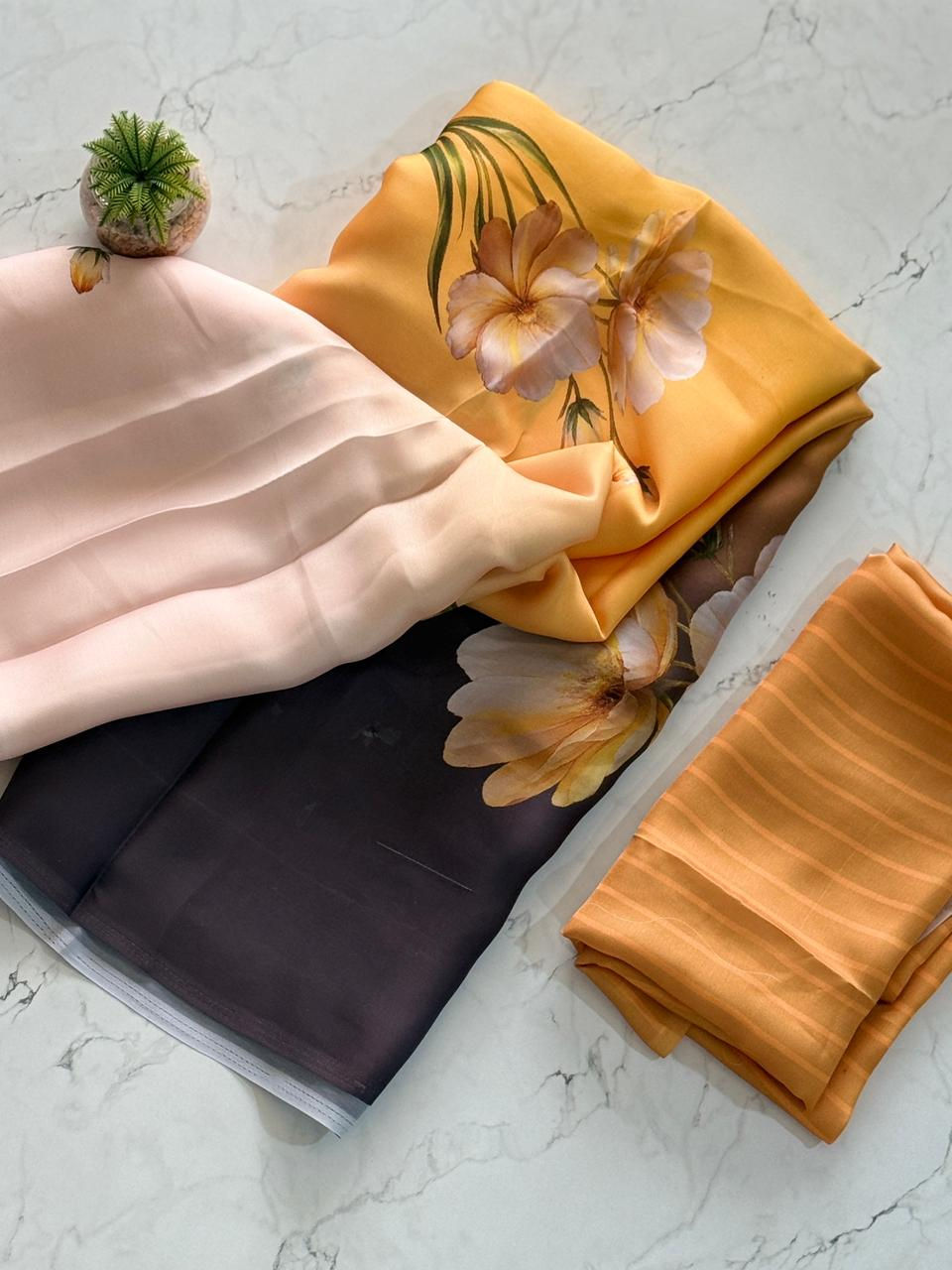 Thumbnail: Women Premium Soft Satin Digital Printed Saree with Printed Satin Blouse