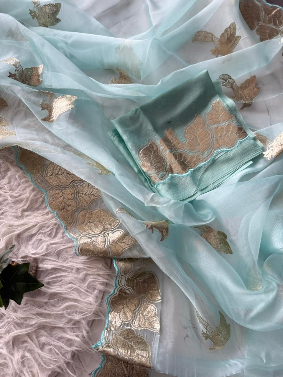 Thumbnail: Women Organza Tissue Saree with Gold Zari Thread Work and Scallop Border