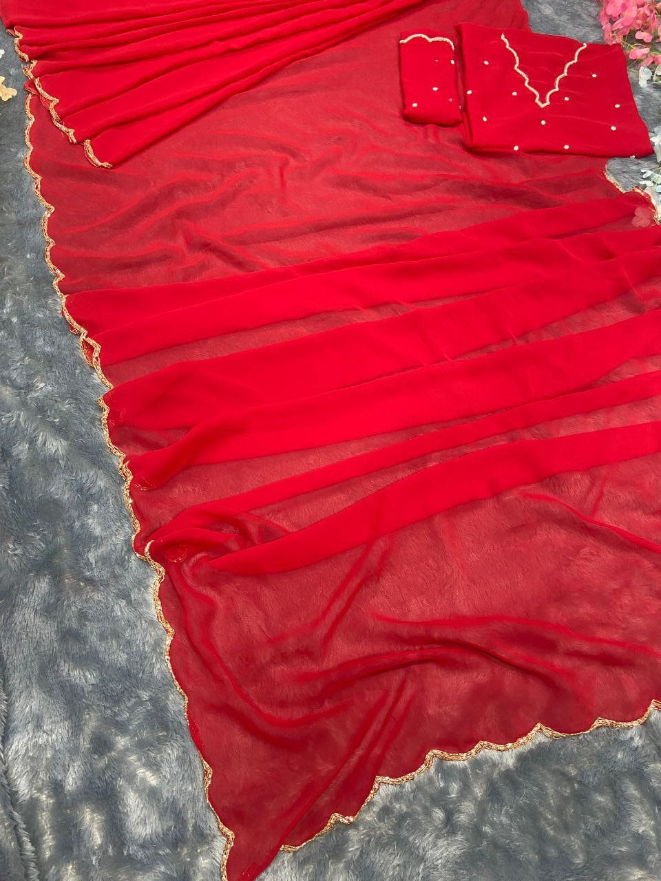Thumbnail: Red Alia saree-alia bhatt inspired saree-karva chauth saree-Bridesmaid Georgette