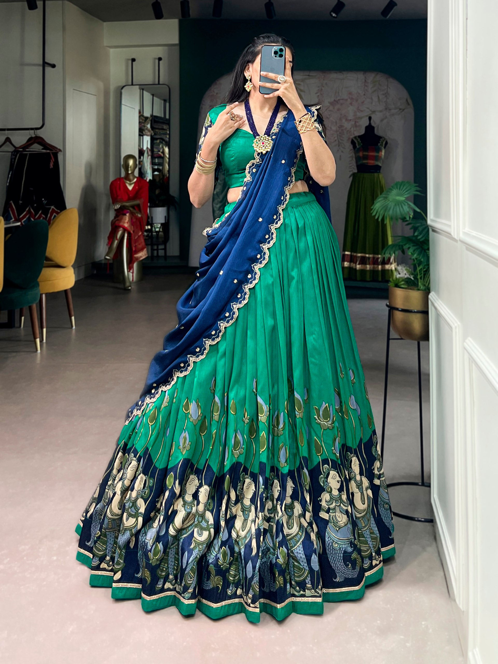 Women's Tasar Silk Kalamkari Print Lehenga Choli Set with Chinon Embroidered Dup