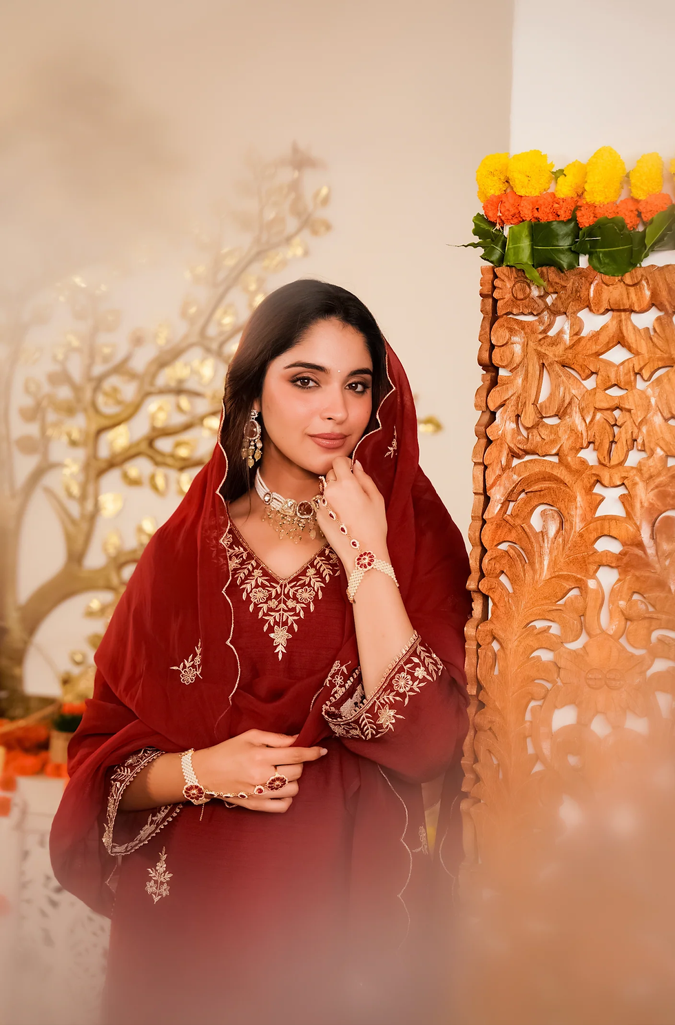 Thumbnail: Women Embroidered Chanderi Salwar Suit Set with Organza Dupatta