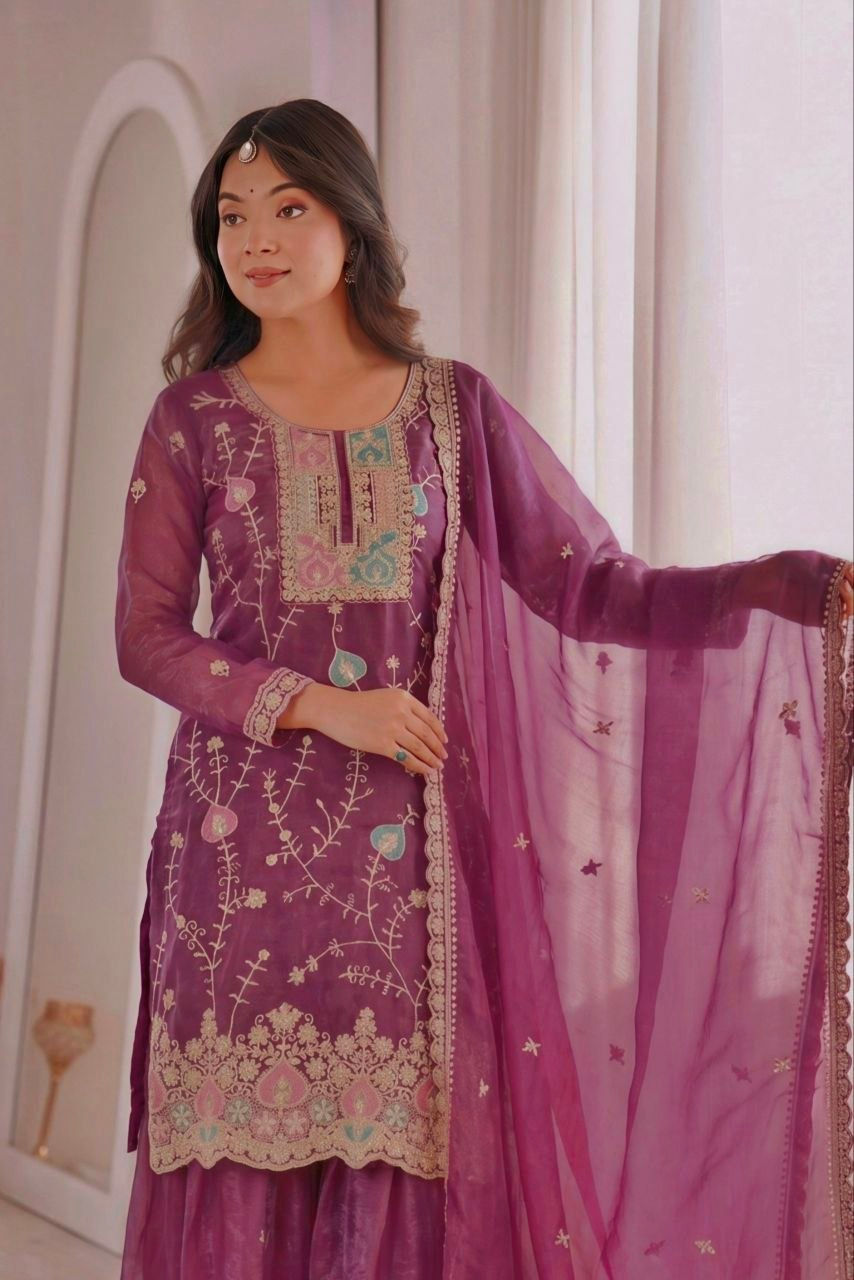 Thumbnail: Fendy Silk Suit Set Coding Sequins Thread Work Women Festive Outfit with Dupatta