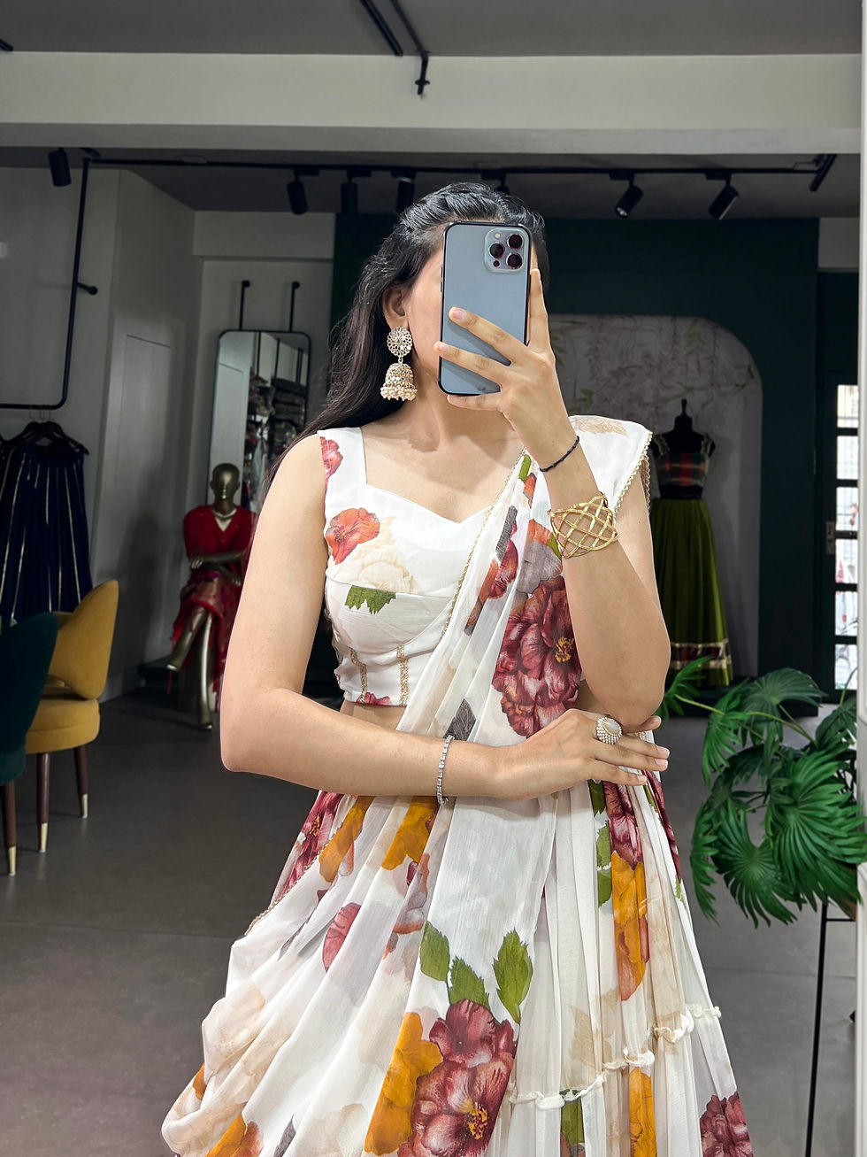 Thumbnail: Women's Floral Print Chiffon Lehenga Choli with Dupatta