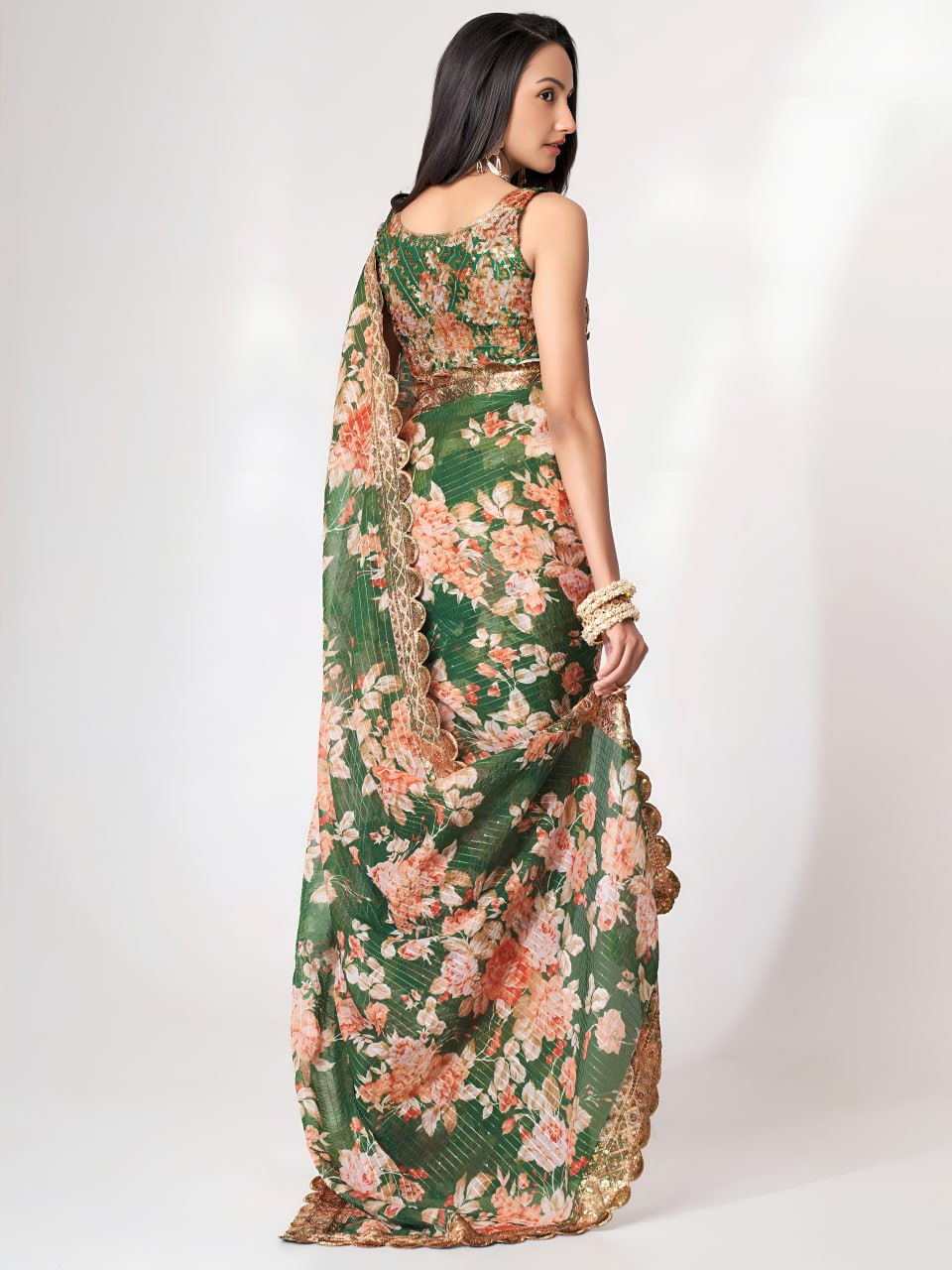 Thumbnail: Women's Organza Saree with Floral Digital Print, Zari & Sequin Embroidery