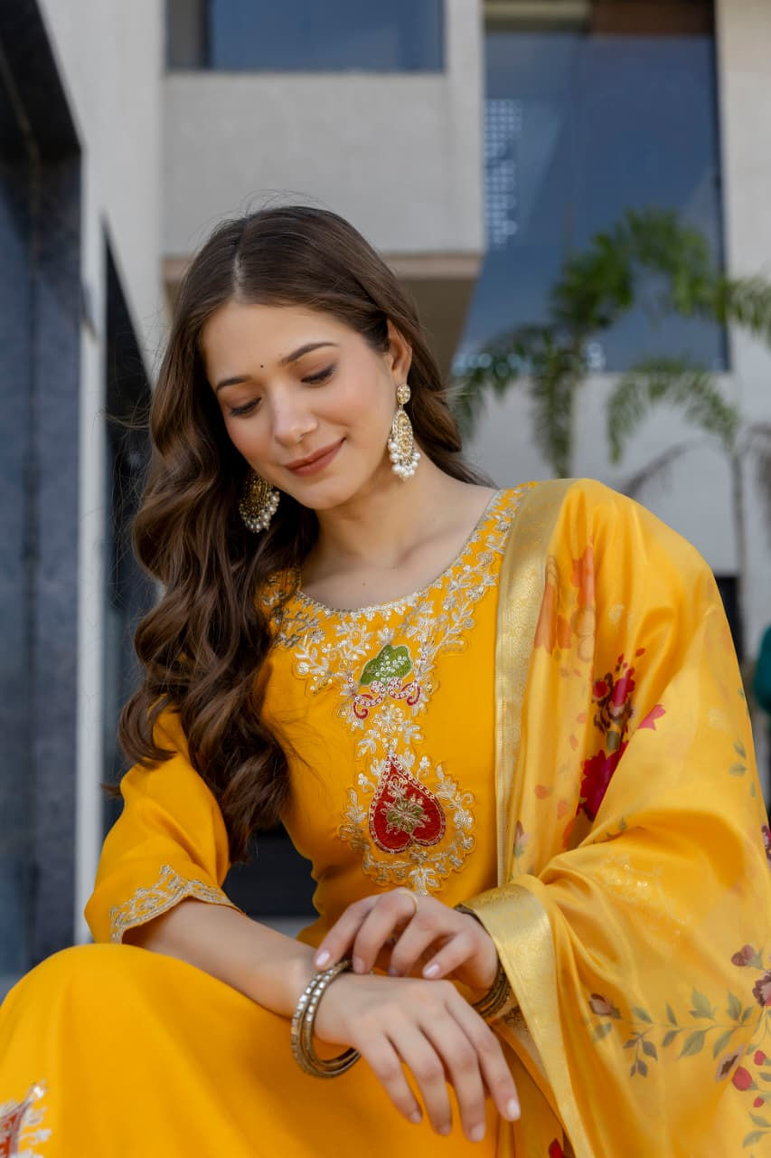 Thumbnail: Heavy Chanderi Suit Set Zari Sequins Embroidery Women Festive Outfit with Silk
