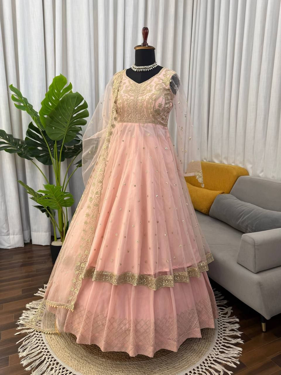 Thumbnail: Women's Faux Georgette Gown Lehenga Set with Butterfly Net Dupatta