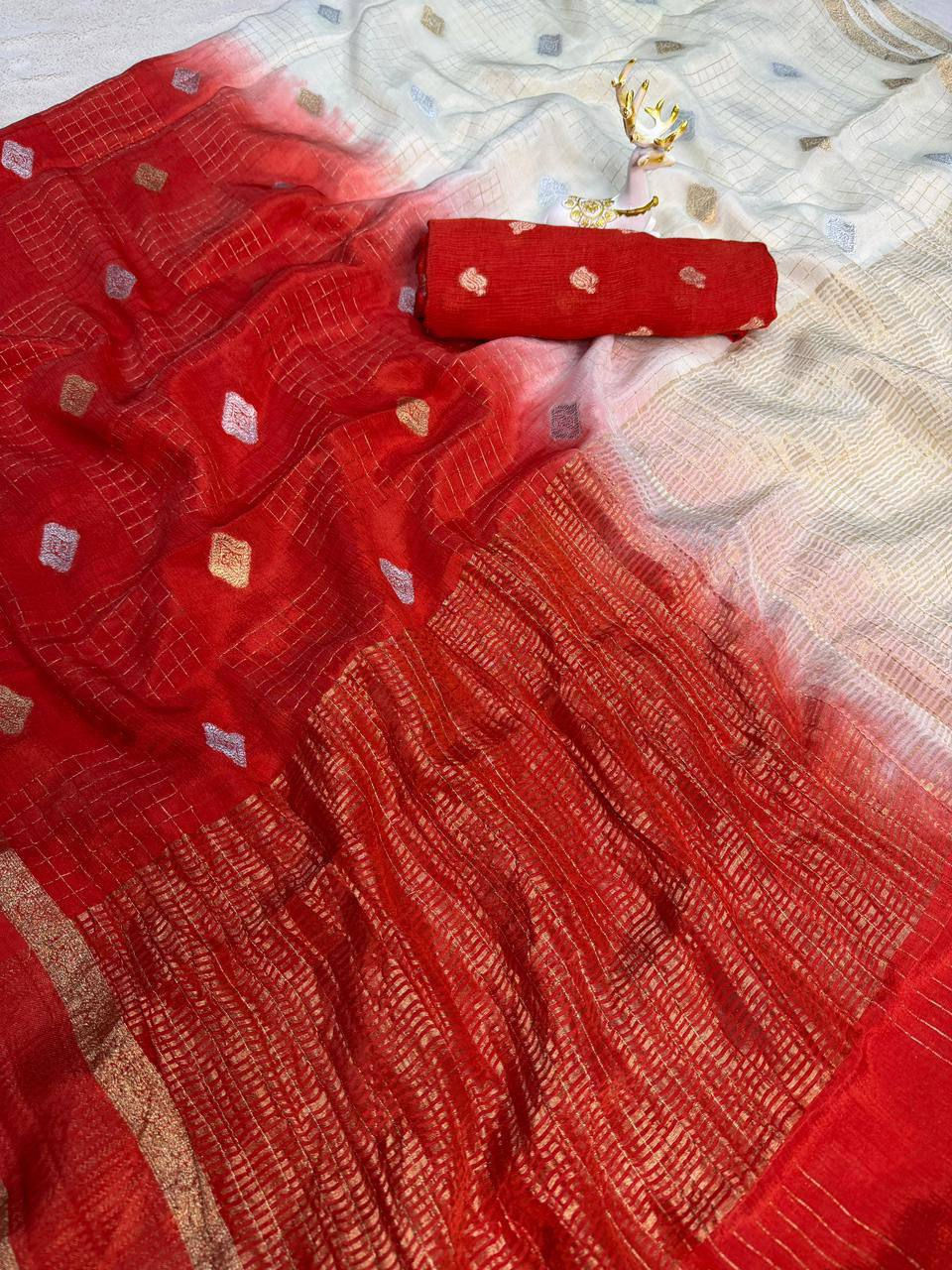 Thumbnail: Women Premium Pure Kota Doriya Saree with Multi Thread Figure Work and GPO Lace