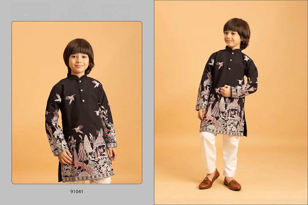 Thumbnail: Kids Boys Viscose Silk Kurta Pajama Set Multicolor Thread Sequence Embroidered
