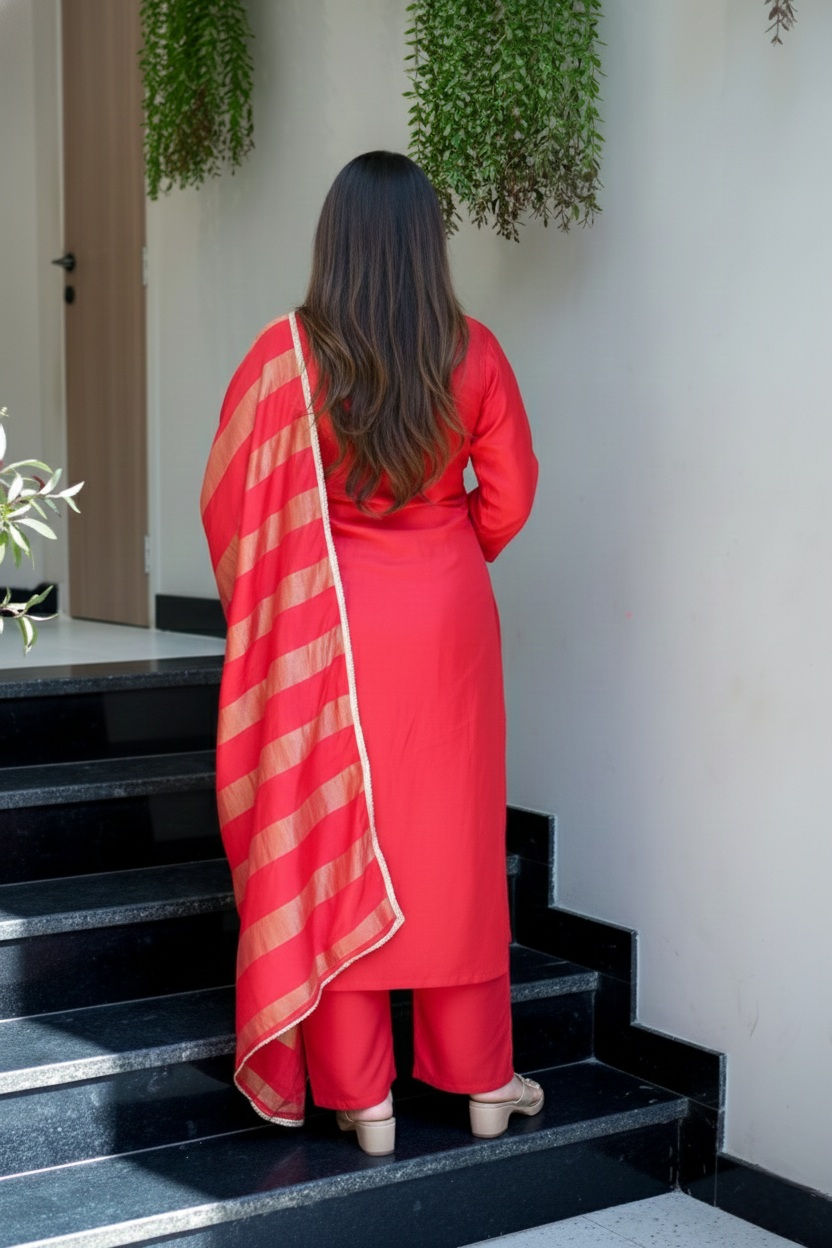 Thumbnail: Embroidered Georgette Kurti Pant Set with Dupatta Festive Ethnic Wear