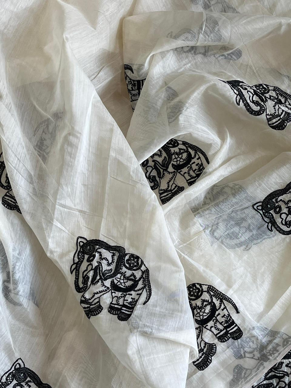 Thumbnail: Women Premium Pure Chanderi Cotton Saree with Elephant Thread Work and Heavy Tas
