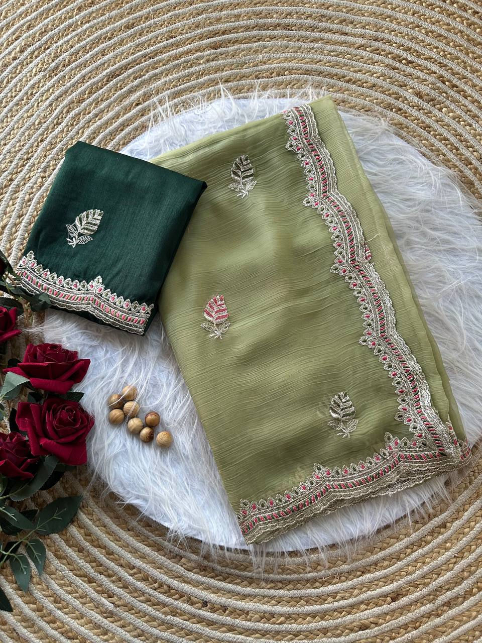 Thumbnail: Soft Pure Chiffon Embroidered Saree with Contrast Raw Silk Blouse Piece Elegant