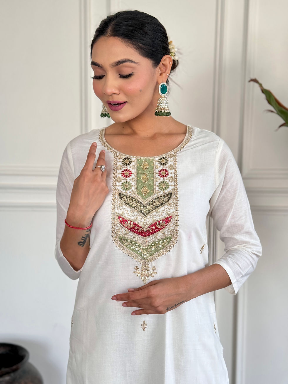 Thumbnail: Viscose Blend Embroidered Kurti Pant Set with Jacquard Silk Dupatta for Women