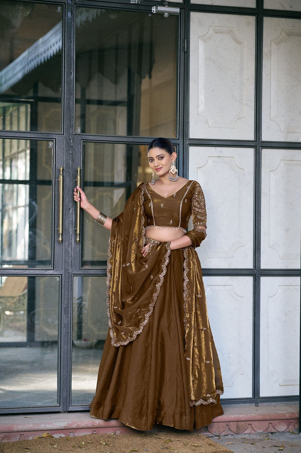 Thumbnail: Poly Cotton Lehenga Set Zari Weaving Chex Design Dupatta Festive Wear Wo