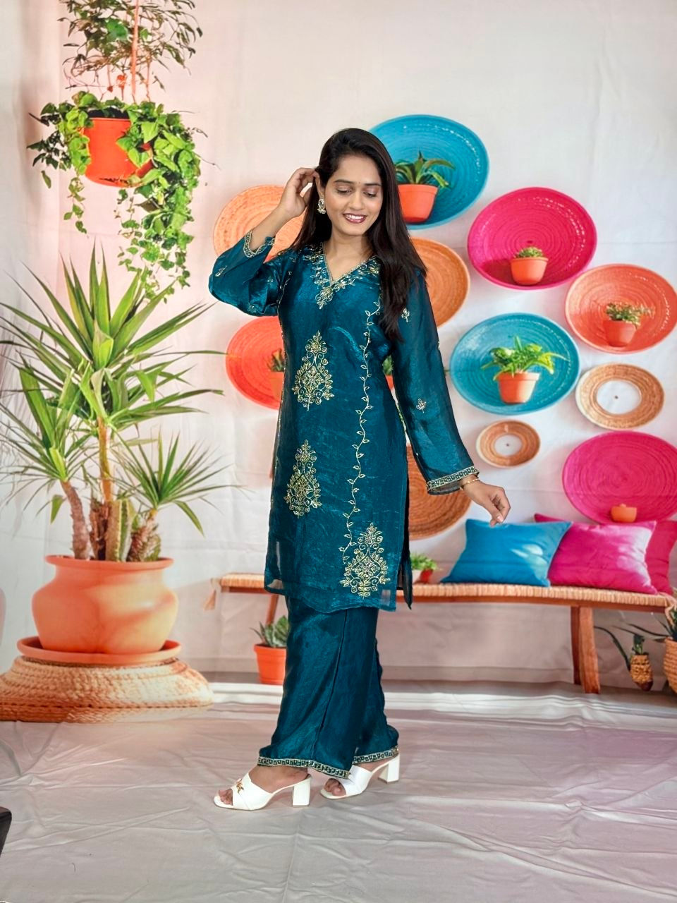 Thumbnail: Women Fandy Top Bottom Dupatta Set 3 Piece Ethnic Wear for Festive Party and Tra