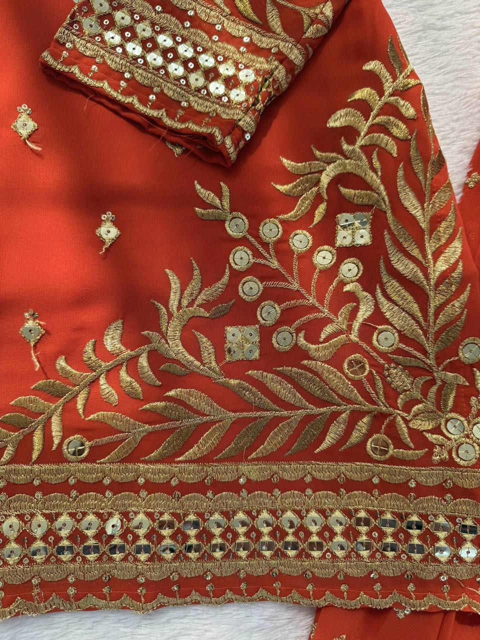 Thumbnail: Designer Faux Georgette Sharara Suit Set with Dupatta Thread & 9mm Sequins Embro