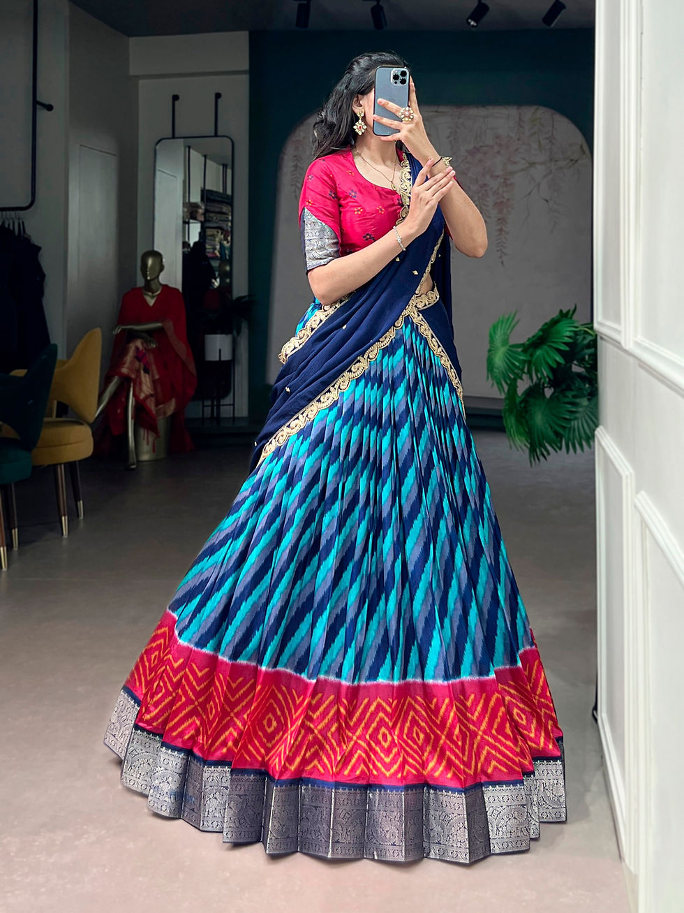 Thumbnail: Tasar Silk Leheriya Lehenga Choli Set with Chinon Dupatta Festive Wear for Women