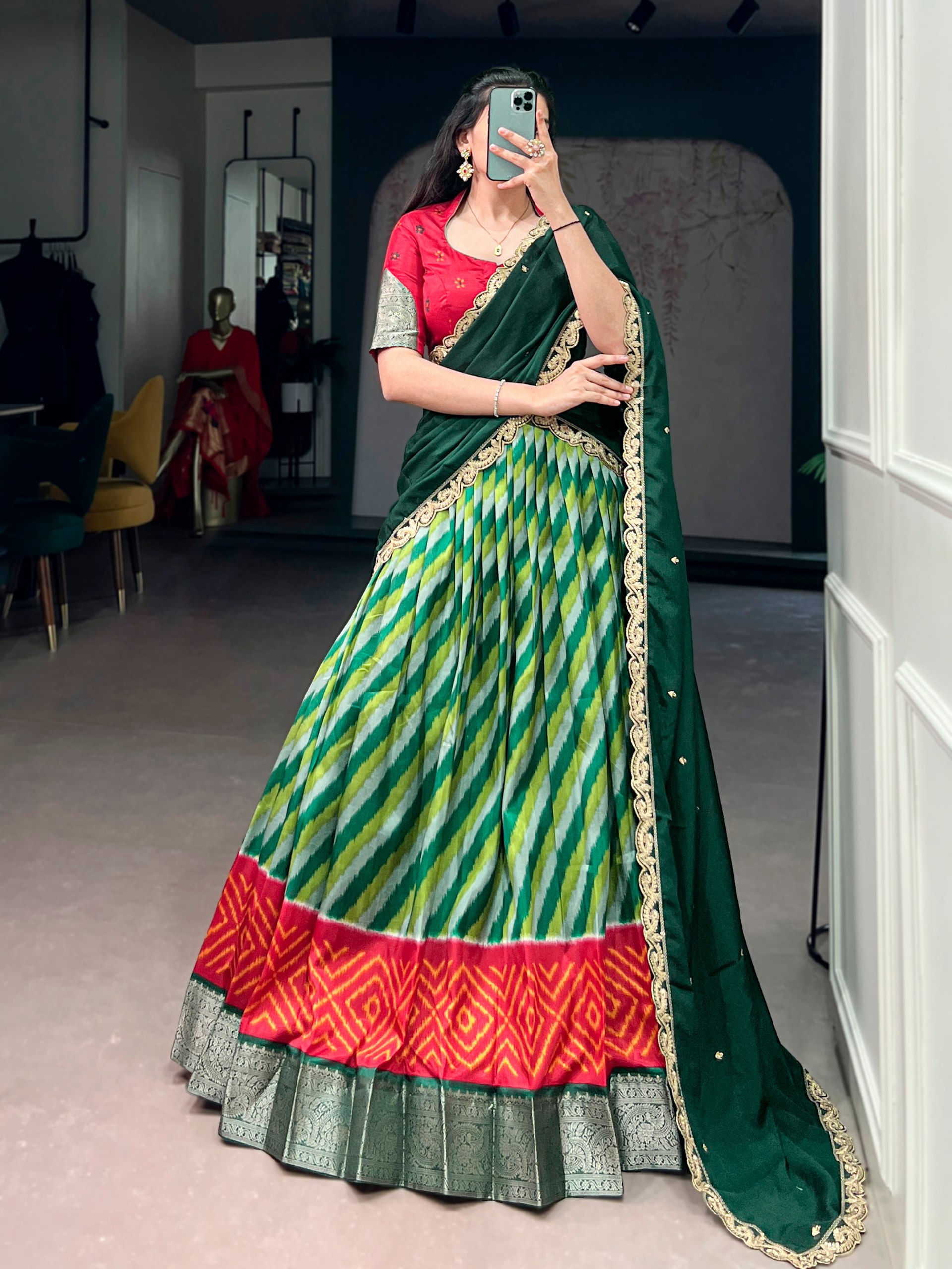 Tasar Silk Leheriya Lehenga Choli Set with Chinon Dupatta Festive Wear for Women
