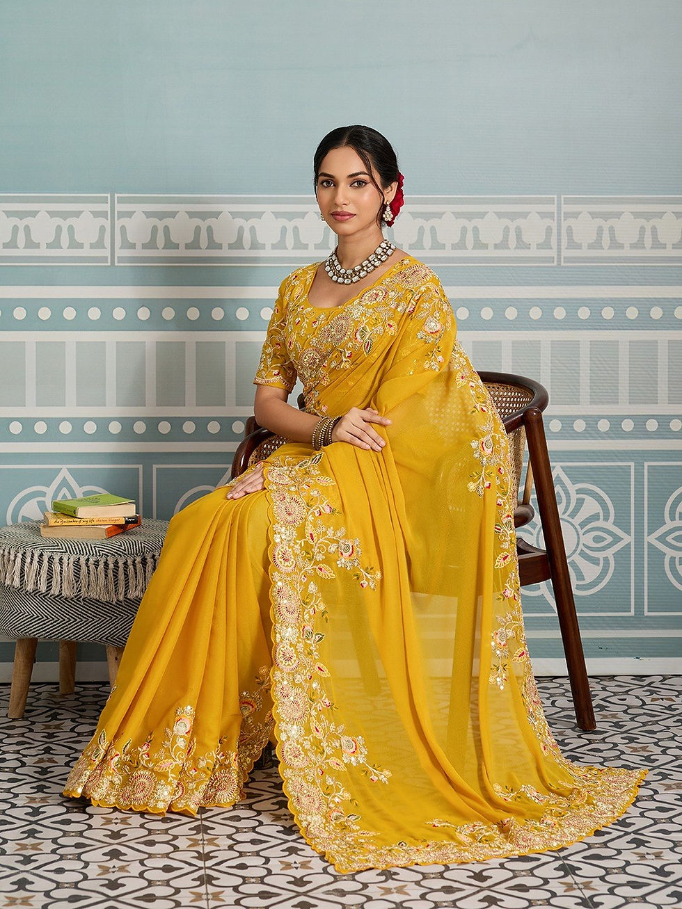Thumbnail: Women Soft Star Georgette Saree with Embroidery Cutwork Aarco Border