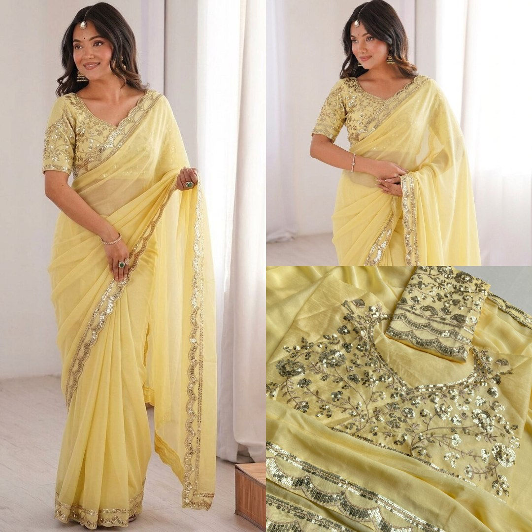 Women Moss Chiffon Saree with Sequins Lace Border and Embroidered Blouse