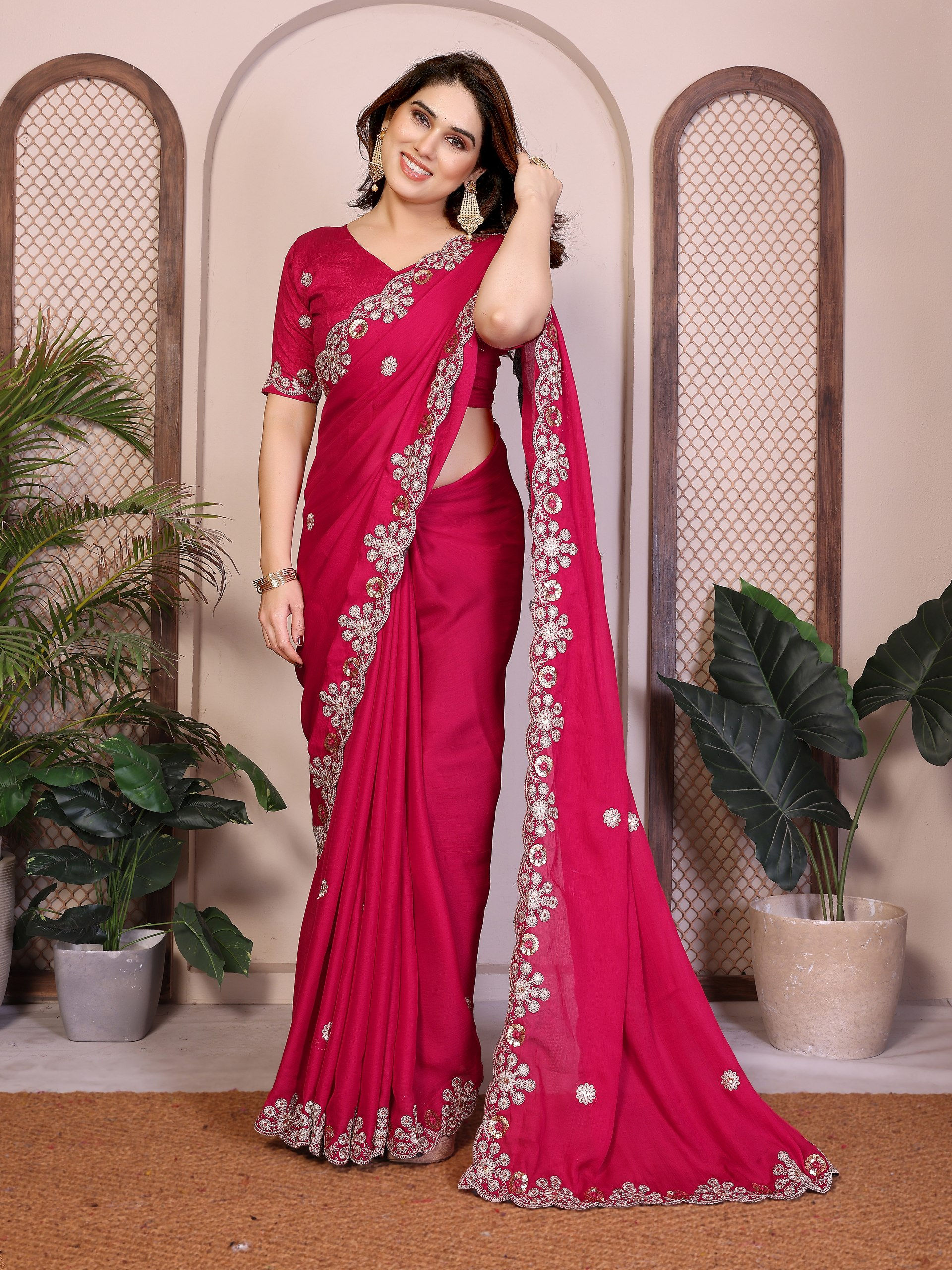 Women Soft Satin Chiffon Saree with Embroidery Lace Border and Mono Banglory Sil