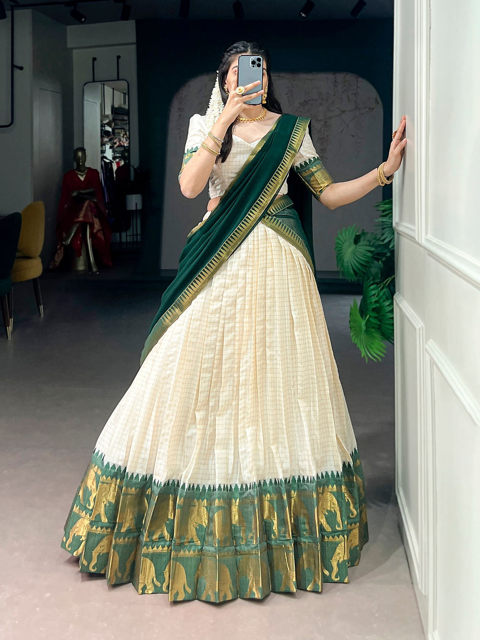 Thumbnail: Poly Cotton Lehenga Set Zari Weaving Chex Design Dupatta Festive Wear Women Outf