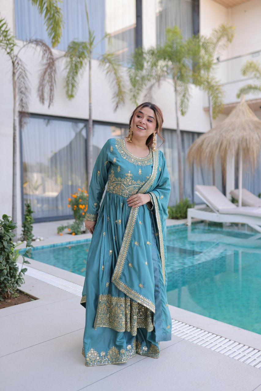 Thumbnail: PREMIUM DESIGNER SUPER SILK KURTI SHARARA SET WITH DUPATTA – RICH SEQUINS EMBROI
