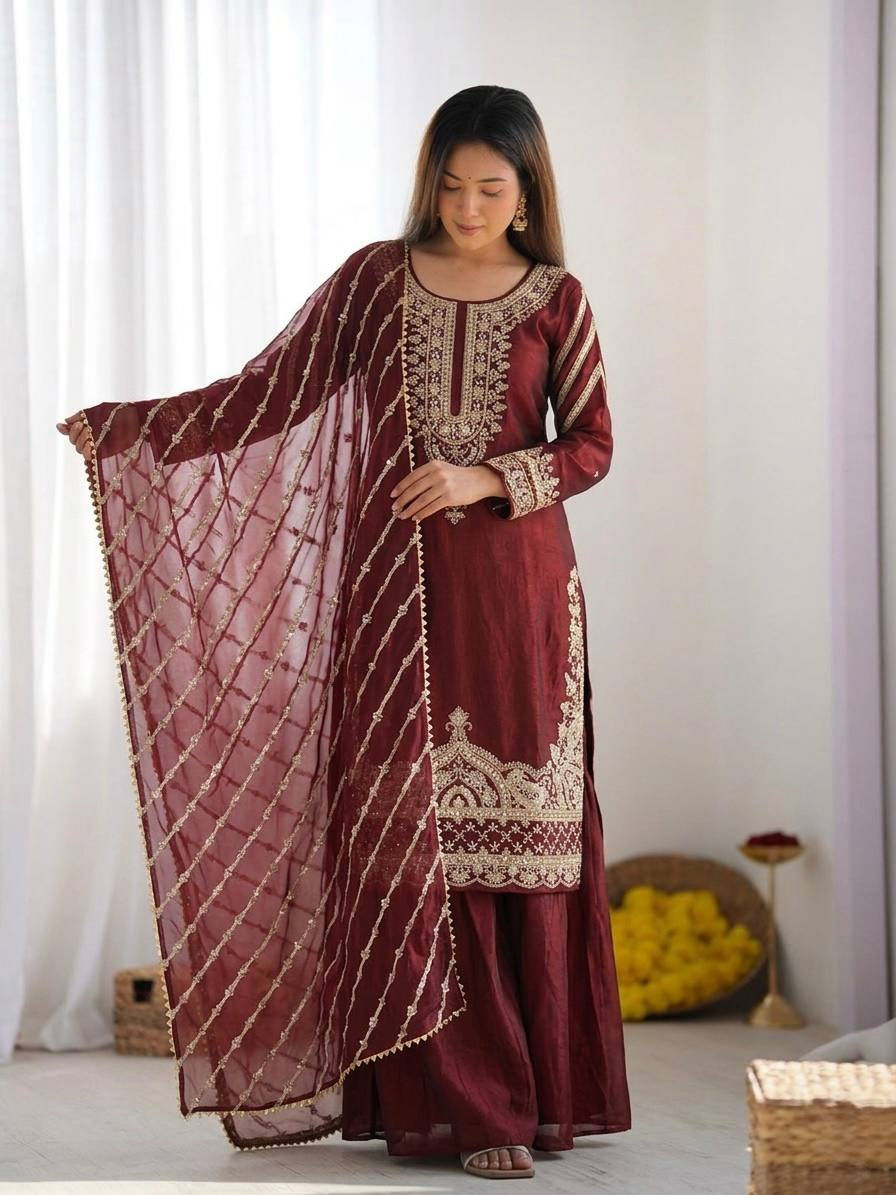 Thumbnail: Elevate your festive style with this luxurious Fendy Silk Sharara Set, designe