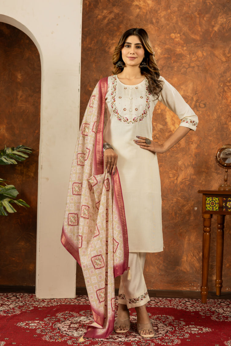 Elegant Hand Embroidered Kurti Set โ Viscose 3 Piece Suit with Dupatta & Pants