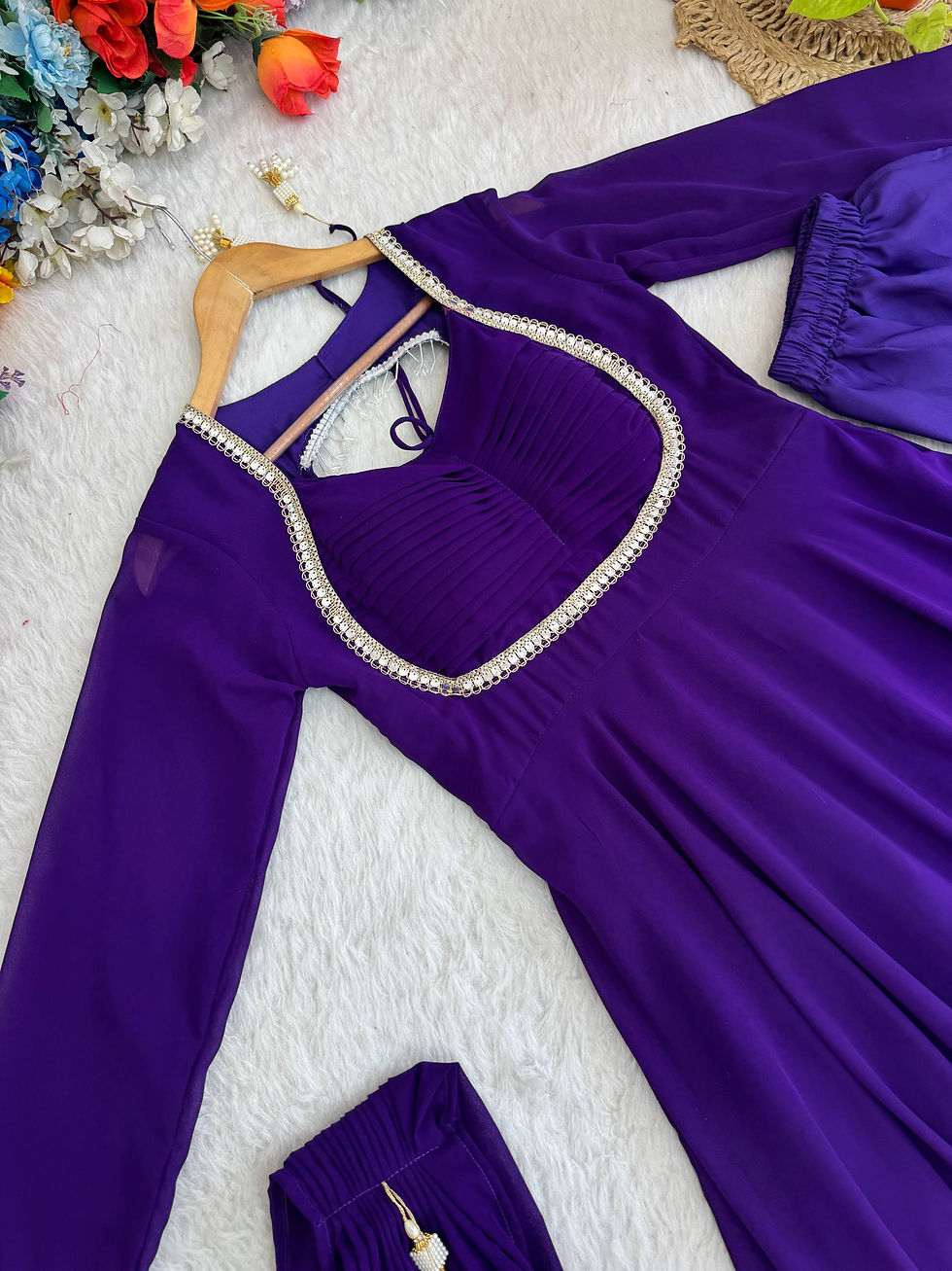 Thumbnail: Fox Georgette Embroidered Gown Set with Pant and Dupatta Sequin Work Designer Et