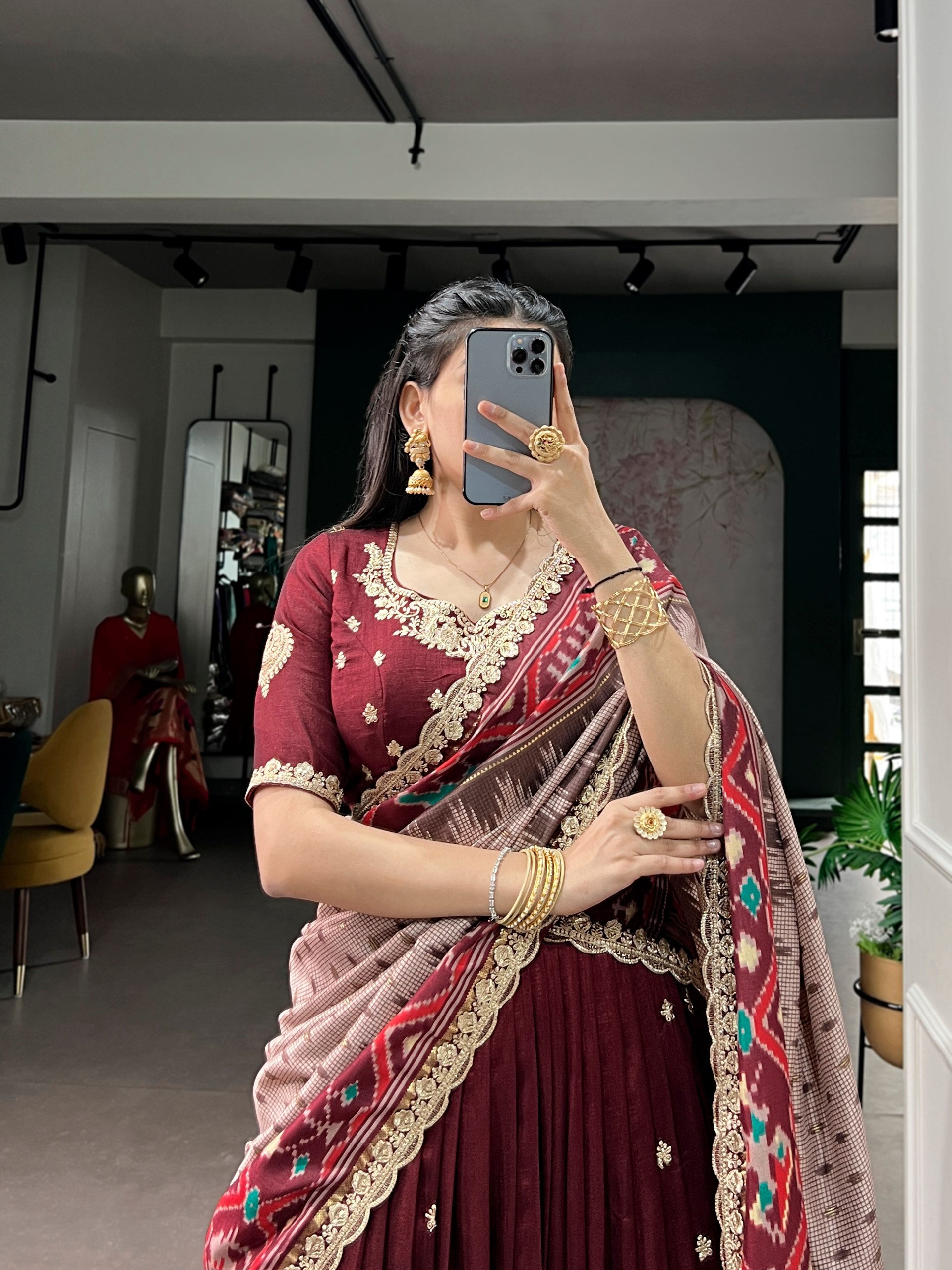 Vichitra Silk Lehenga Choli Set Sequins Embroidery Ikkat Dupatta Festive Wedding