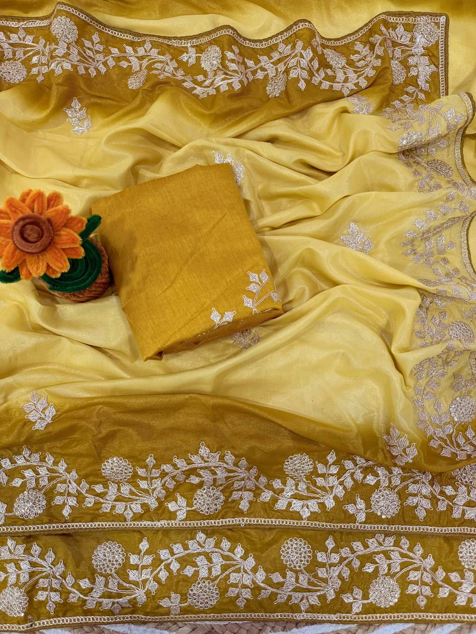 Thumbnail: Women Premium Padding Chinon Silk Saree with C Pallu Zari Thread and Sequins Wor