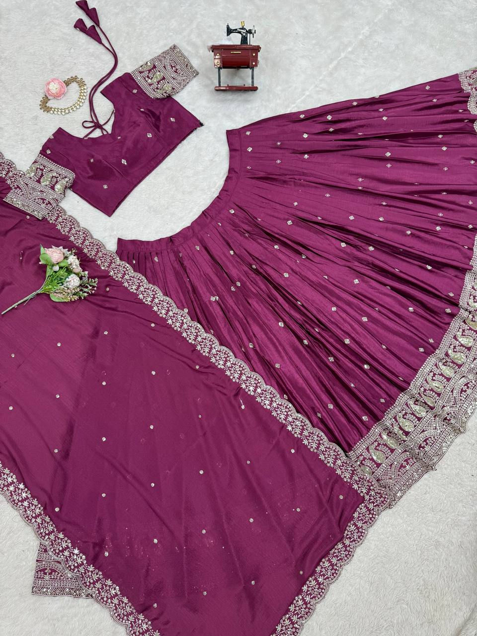 Thumbnail: Chinon Silk Lehenga Thread Sequins Work Women Festive Bridal Outfit with Dupatta