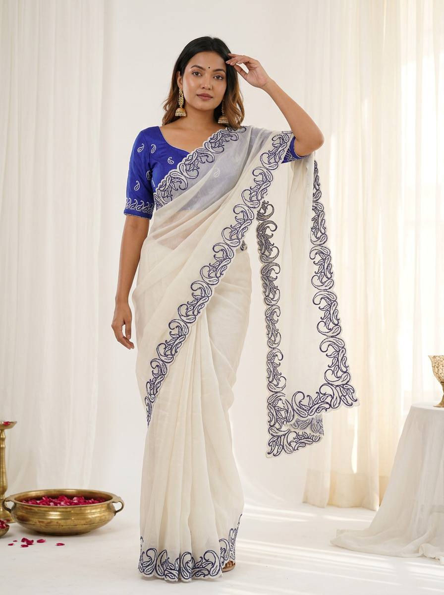 Thumbnail: Women Crunchy Silk Saree with Designer Embroidery C Pallu Work