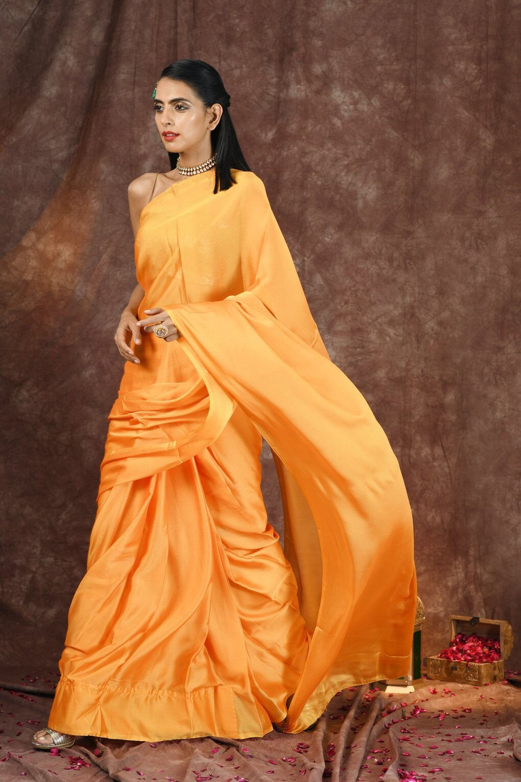 Mustard Satin Silk Plain Saree With gold Sequence embroidery Unstitch Blouse F