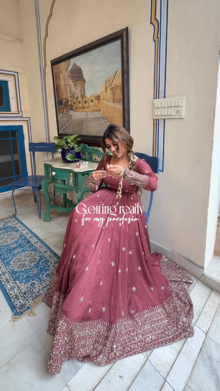 Thumbnail: Mul Chanderi Silk Anarkali Suit Set with Pant and Dupatta Thread Sequin Embroide